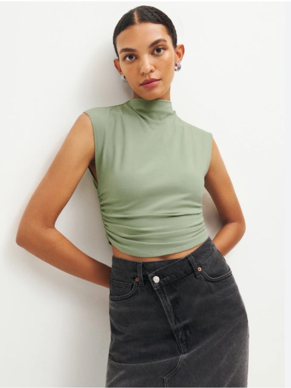 Reformation Lindy Top Mock Neck Tank Ruched in Green Size small